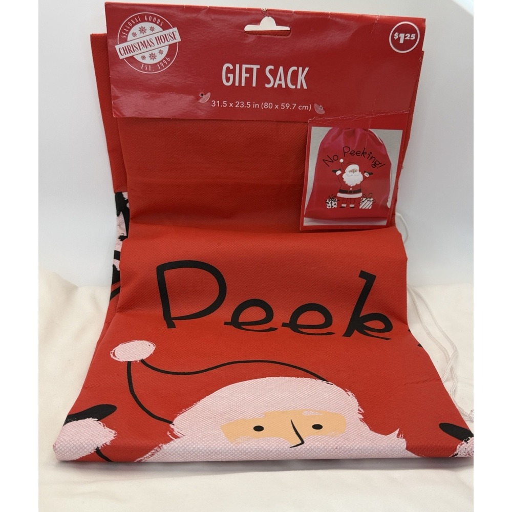 Set of 2 Christmas House 'No Peeking!' Santa Red Large Drawstring Gift Sack - Picture 2 of 3